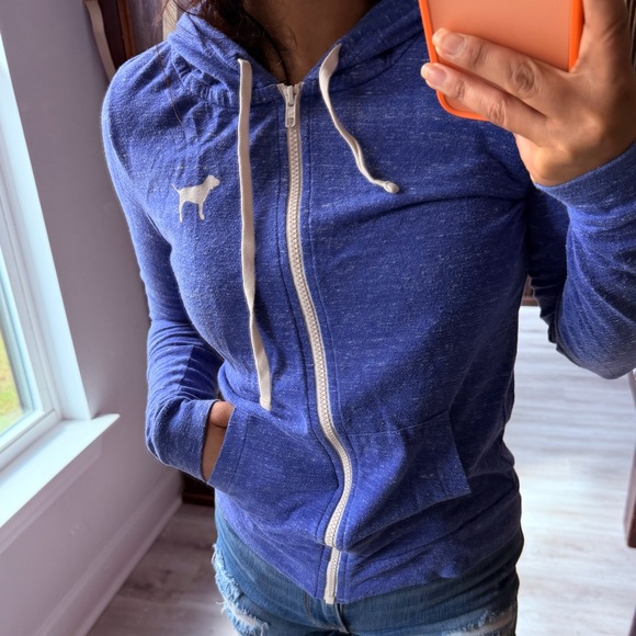 PINK Victoria's Secret Jackets & Blazers - PINK Victoria's Secret Blue Hoodie with White Drawstrings